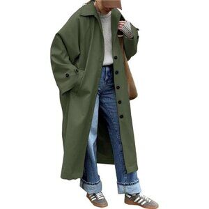 Womens Long Trench Coat Single Breasted Green